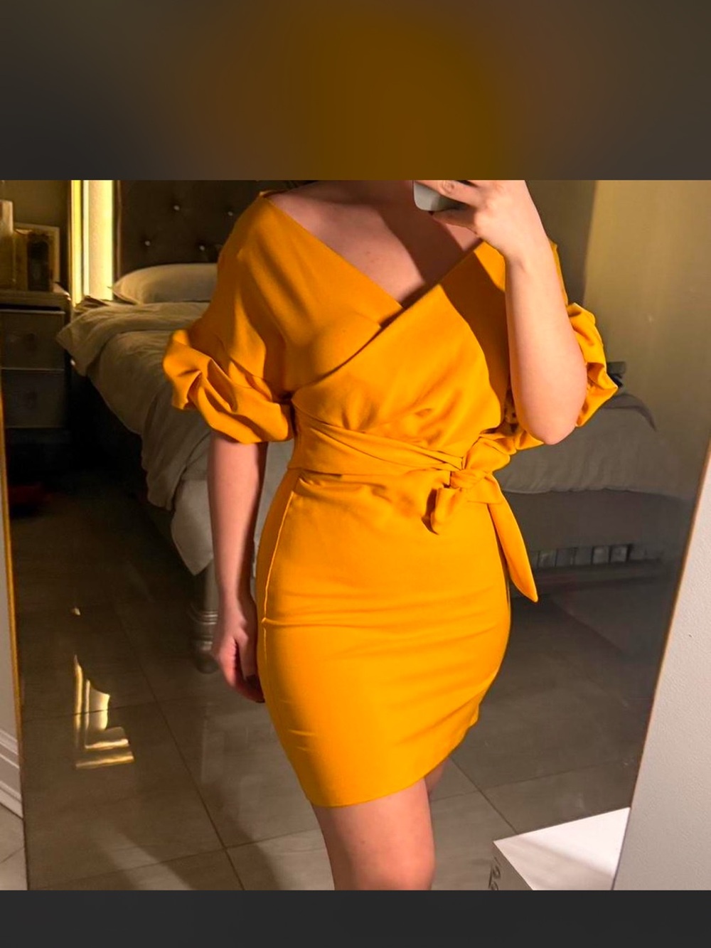 Elegant Mustard Wrap Mini Dress with Tie Waist